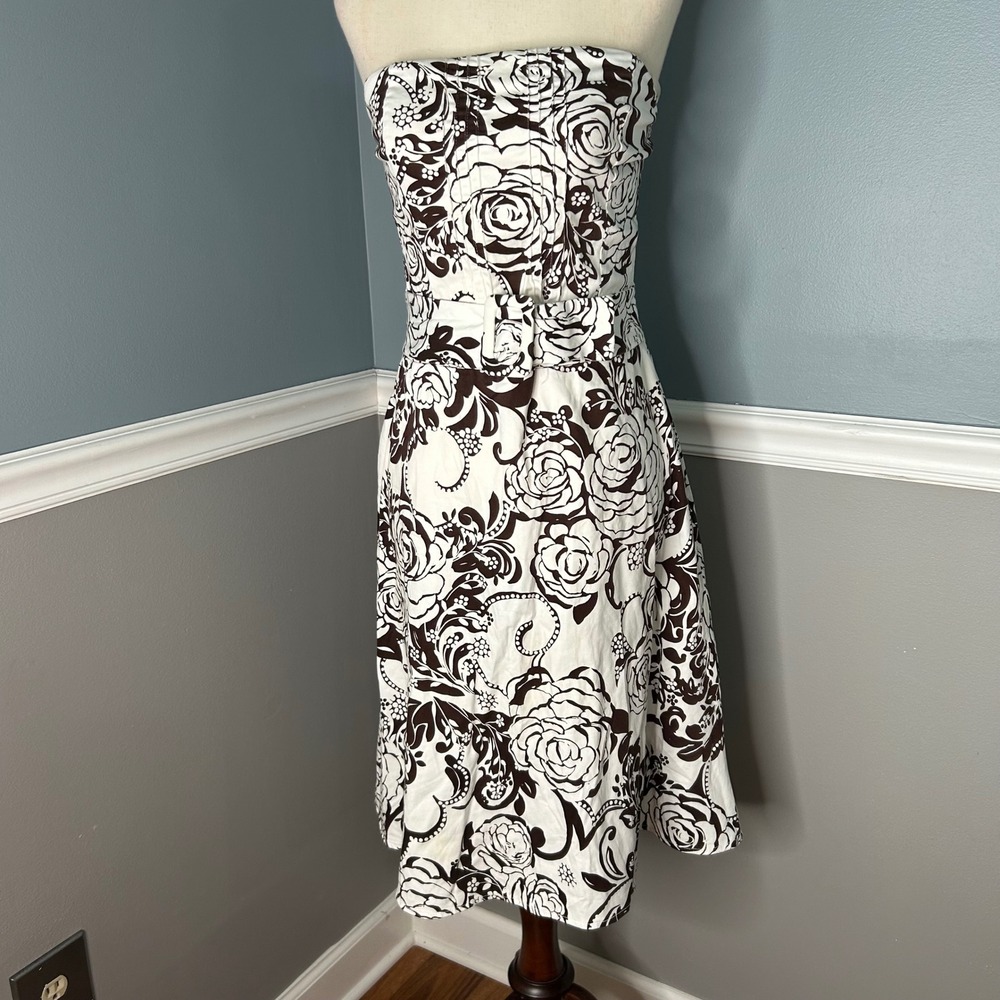 B. Smart Strapless Floral 90s Fit & Flare Dress Brown White Belted Size 5
